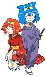 2girls amu_ru animal_ear_headphones animal_ears aqua_hair benga_ru black_outline black_tail blue_kimono blue_sleeves blunt_bangs blunt_ends bob_cut breasts brown_eyes closed_mouth colored_sclera cub fake_animal_ears floral_print_sash full_body furisode grey_fur grey_sash grey_tail grin han&#039;eri hand_in_clothes hand_on_lap headband headphones japanese_clothes katana kimono large_breasts lipstick long_sleeves looking_at_viewer makeup mature_female mukku_(mook-tv) multiple_girls no_pupils obi obiage official_art orange_hair orange_sash outline parted_hair red_kimono red_lips red_sleeves sandals sash second-party_source shiro_kotora siblings simple_background sisters sitting smile socks spiked_hair standing straight_hair striped_fur striped_tail sword tabi tail tiger tiger_ears tora_da_yo. toranoana triple_horizontal_stripe two-tone_sash weapon white_background white_sash white_socks wide_sleeves yellow_headband yellow_sclera zouri