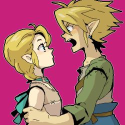 1boy 1girl alternate_costume arm_grab blonde_hair blue_eyes dramatica earrings ilia jewelry link lowres nintendo pointy_ears simple_background the_legend_of_zelda the_legend_of_zelda:_twilight_princess