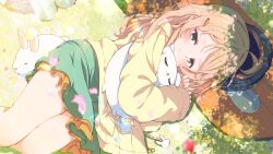 1girl ahoge animal animal_hug blonde_hair blush cardigan carrot_hair_ornament closed_mouth commission flower food-themed_hair_ornament frilled_skirt frills grass green_eyes green_skirt hair_ornament hairclip hat highres long_hair long_sleeves looking_at_viewer lying on_grass on_ground on_side original petals rabbit shiro9jira skeb_commission skirt smile solo sunlight unworn_hat unworn_headwear virtual_youtuber yellow_cardigan