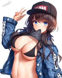 1girl artist_name baseball_cap belt bikini bikini_under_clothes black_bikini black_hat blue_eyes blue_jacket breasts brown_hair cleavage clothes_in_mouth clothes_lift clothes_writing commentary female_focus grey_shirt hand_up hat highres jacket large_breasts lifting_own_clothes long_hair long_sleeves looking_at_viewer low_twintails mouth_hold navel open_clothes open_jacket original shiny_skin shirt shirt_in_mouth shirt_lift sidelocks signature simple_background smile solo stomach swimsuit twintails upper_body w wsman