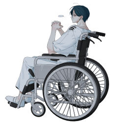 ... 1boy absurdres closed_mouth commentary_request from_side full_body hair_between_eyes hands_up highres interlocked_fingers maelo male_focus meguriya_ayumu own_hands_together pants profile shirt shoes short_hair short_sleeves simple_background sitting solo spoken_ellipsis toshi_densetsu_kaitai_center wheelchair white_background white_pants white_shirt white_shoes