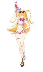 1girl absurdres alternate_costume bikini bikini_skirt black_bikini black_sandals blonde_hair bow bowtie breasts cleavage don_quixote_(project_moon) e.g.o_(project_moon) eyewear_on_head frilled_bikini_top full_body heart heart-shaped_eyewear highleg highleg_bikini highres holding holding_water_gun in_the_name_of_love_and_hate_(e.g.o) limbus_company long_hair medium_breasts miniskirt mismatched_bikini nail_polish navel one_eye_closed pink-framed_eyewear pink_bikini pink_bow pink_bowtie pink_eyes pink_nails pink_skirt project_moon ranya_(artiraia) sandals simple_background skirt smile solo standing sunglasses swimsuit teeth thigh_strap two_side_up water_gun white_background wrist_cuffs yellow_eyes