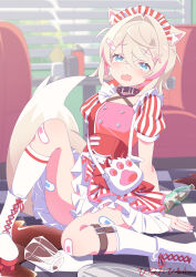 Rule 34 | 1girl, absurdres, aftersex, alternate costume, animal collar, animal ear fluff, animal ears, arm support, bag, bandaid, bandaid hair ornament, bandaid on knee, bandaid on leg, belt collar, blonde hair, blue eyes, blush, boots, breasts, buttons, checkered floor, clumsy, collar, commentary request, criss-cross halter, crossed bangs, crying, crying with eyes open, diner, dog ears, dog girl, dog tail, double-breasted, double-parted bangs, fang, full body, hair between eyes, hair intakes, hair ornament, halterneck, handbag, high-waist skirt, highres, hinata hirune, hololive, hololive english, indoors, kneehighs, legwear garter, looking at viewer, maid headdress, mococo abyssgard, multicolored hair, pink hair, red skirt, roller skates, short hair, signature, skates, skin fang, skirt, small breasts, socks, soda bottle, solo, spill, streaked hair, striped clothes, striped skirt, tail, tearing up, tears, two side up, underbust, vertical-striped clothes, vertical-striped skirt, vertical-striped sleeves, virtual youtuber, waitress, white boots, white skirt, white socks, x hair ornament
