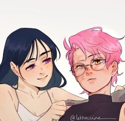 2girls alien_stage burn_scar closed_mouth commentary crop_top cropped english_commentary glasses highres jun_(lettuccine) long_hair mizi_(alien_stage) multiple_girls pink_hair purple_eyes scar scar_on_face shirt short_hair signature smile sua_(alien_stage) turtleneck turtleneck_shirt uneven_eyes very_short_hair yellow_eyes