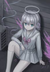 1girl absurdres aqua_eyes bow bowtie choker cigarette closed_mouth commentary condenser_unit expressionless feet_out_of_frame grey_hair hair_between_eyes halo headphones highres holding holding_cigarette kkamkkam knee_up kneehighs long_sleeves miniskirt on_ground original outdoors paint_splatter pleated_skirt purple_bow purple_bowtie sailor_collar school_uniform shirt short_hair sitting skirt smoking socks solo symbol-only_commentary white_choker white_halo white_shirt white_skirt white_socks zipper