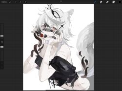 Rule 34 | 1girl, ahoge, animal ear piercing, animal ears, art program in frame, black nails, black shirt, black streaks, black tongue, blouse, breasts, cleavage, colored tips, crossed bangs, double-parted bangs, fox ears, fox tail, hair over shoulder, hand on own chin, highres, indie virtual youtuber, kemonomimi mode, looking at viewer, mari the hybrid, medium hair, multicolored hair, orange pupils, shirt, sidelocks, solo, sparkle hair ornament, stitched arm, stitched hand, stitches, stomach, streaked hair, tail, tentacles, tongue, tongue out, upper body, white eyes, white hair, yoimon