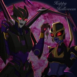 2girls airachnid black_lips black_panties blackarachnia breasts colored_skin decepticon glowing glowing_eyes helmet highres humanoid_robot medium_breasts multiple_girls panties promise_blue2 purple_skin red_eyes robot science_fiction transformers transformers_animated transformers_prime underwear
