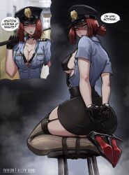 1girl aelion_draws aliyah_(aelion) arms_behind_back ass bdsm bikini bikini_top_only black_bikini black_choker black_garter_straps black_gloves black_hat black_skirt blue_eyes blue_shirt blush bondage bound bound_legs bound_wrists breasts brown_hair brown_lips choker christian_louboutin_(brand) cleavage collared_shirt colored_shoe_soles commentary cuffs english_commentary english_text epaulettes frilled_bikini frills from_behind full_body garter_straps gloves grey_thighhighs hair_bun handcuffs hat high-waist_skirt high_heels highres holding holding_whip imagining kneeling large_breasts looking_back nose_blush original pale_skin partially_unbuttoned peaked_cap pencil_skirt police police_uniform policewoman riding_crop seamed_legwear shirt short_hair side-seamed_legwear sideboob single_hair_bun single_side_bun skirt solo speech_bubble stiletto_heels stool swimsuit thick_thighs thighhighs thighs underboob