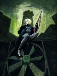 1girl atmospheric_perspective black_boots black_gloves blue_eyes bolt_action boots breasts building cigarette city city_lights cityscape cloud cloudy_sky coat commentary cyborg electric_fan english_commentary esteban_sanchez foot_dangle from_below full_body gloves green_hair green_sky green_theme gun hair_ornament hairclip haze highres holding holding_cigarette holding_gun holding_weapon joints leaning_to_the_side looking_at_viewer marie_(peripeteia) mechanical_legs mosin-nagant on_roof open_clothes open_coat outdoors painting_(medium) peripeteia power_lines rifle robot_joints short_hair sitting sketch sky skyscraper small_breasts smog smoking solo traditional_media trench_coat turning_head urban weapon