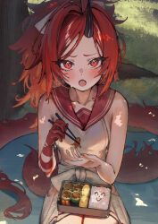 1girl ^_^ bento betabeet black_horns blue_archive blush chopsticks closed_eyes colored_extremities commentary dappled_sunlight dragon_girl dragon_tail fang food halo highres holding holding_chopsticks horns long_hair looking_at_viewer omelet open_mouth outdoors picnic_blanket red_eyes red_hair red_halo red_hands red_sailor_collar red_tail renge_(blue_archive) sailor_collar sausage sideless_shirt single_horn skin_fang skirt sunlight sweat tail tamagoyaki white_skirt
