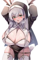 1girl absurdres arms_up black_hat blush breast_curtains breasts cleavage commentary_request covered_navel garter_straps green_eyes grey_hair hat highres hinoki_kahun0 hololive huge_breasts jewelry kneeling long_hair looking_at_viewer looking_up necklace nun official_alternate_costume official_alternate_hairstyle open_mouth pelvic_curtain restrained shiny_skin shirogane_noel shirogane_noel_(battle_nun) skindentation solo sweat thighhighs virtual_youtuber white_background white_garter_straps white_thighhighs
