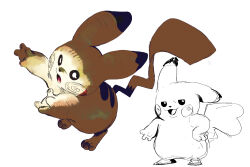 Rule 34 | 1boy, 1girl, :3, :o, animal ears, full body, gen 1 pokemon, glowing, highres, nintendo, no humans, pikachu, pokemon, pokemon (creature), simple background, sketch, smug, standing, tail, white background, winpuss, yellow fur