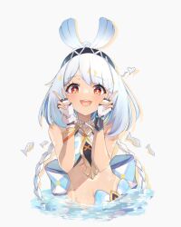 1girl :d bare_arms bare_shoulders commentary crop_top elphe fingerless_gloves genshin_impact gloves grey_background hairband hands_up highres long_hair looking_at_viewer midriff mualani_(genshin_impact) navel open_mouth orange_eyes partially_submerged simple_background smile solo stomach water white_gloves white_hair