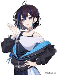 1girl ahoge belt belt_buckle black_hair black_jacket black_nails blue_hair bracelet buckle character_name clothes_down commentary_request copyright_notice double-parted_bangs earrings fingernails grey_eyes hair_ribbon half_updo hand_on_own_hip hand_up highres indie_virtual_youtuber jacket jewelry light_blush long_sleeves looking_at_viewer multicolored_hair necklace off_shoulder official_art open_hand open_mouth quilted_jacket ribbon second-party_source short_hair simple_background smile solo spaghetti_strap streaked_hair suspenders torianco3 virtual_youtuber white_background white_belt yubari_rei