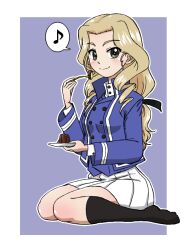1girl bc_freedom_military_uniform black_eyes black_ribbon black_socks blonde_hair blue_background blue_jacket curly_hair fork girls_und_panzer girls_und_panzer_saishuushou hair_ribbon holding holding_fork holding_plate jacket looking_at_viewer miniskirt musical_note plate pleated_skirt ribbon shirt shoes sitting sitting_on_lap sitting_on_person skirt smile socks sofue_(girls_und_panzer) speech_bubble takahashi_kurage unworn_shoes white_shirt white_skirt