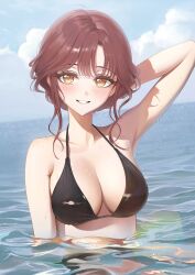 Rule 34 | 1girl, ame (uten cancel), arm behind head, arm up, bikini, black bikini, blue sky, blush, breasts, brown hair, cleavage, cloud, cloudy sky, commentary, day, highres, idolmaster, idolmaster shiny colors, large breasts, looking at viewer, ocean, osaki amana, outdoors, partially submerged, sky, smile, solo, swimsuit, wet, yellow eyes