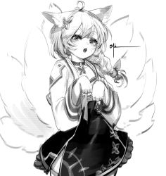1girl absurdres ahoge animal_ear_fluff animal_ears braid braided_ponytail character_request chestnut_mouth collar commentary cowboy_shot daeno english_commentary flat_chest fox_ears fox_girl fox_tail greyscale guardian_tales hair_ornament highres jewelry long_hair looking_at_viewer monochrome multiple_tails nari_(guardian_tales) open_mouth pendant rabbit_pose side_slit simple_background single_braid skirt solo tail tongue whiskers white_background