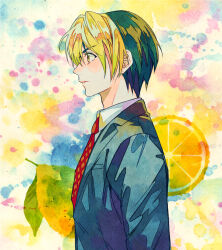 1boy blazer blonde_hair blue_jacket brown_eyes food fruit green_hair hikaru_no_go hun_(endlesslovehikaru) jacket lemon lemon_slice long_sleeves male_focus multicolored_hair necktie profile red_necktie school_uniform shindou_hikaru short_hair solo two-tone_hair upper_body