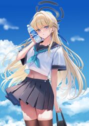1girl absurdres alternate_costume black_skirt black_thighhighs blonde_hair blue_archive blue_eyes blue_halo blue_neckerchief blue_sky blush bottle cloud commentary cowboy_shot day halo hidis0086 highres holding holding_bottle long_hair looking_at_viewer midriff navel neckerchief outdoors parted_lips pleated_skirt sailor_collar school_uniform serafuku shirt skirt sky solo sweat thighhighs toki_(blue_archive) very_long_hair water_bottle white_shirt