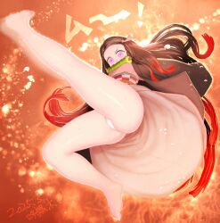1girl bamboo barefoot bit_gag black_hair black_jacket checkered_sash commentary_request from_below full_body gag highres jacket japanese_clothes kamado_nezuko kimetsu_no_yaiba kimono long_hair looking_at_viewer looking_down open_clothes open_jacket orange_background paid_reward_available panties pink_eyes pink_kimono solo underwear white_panties yonaki