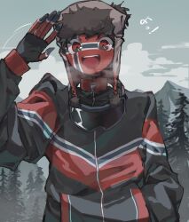 1boy black_jacket cloud colored_skin countryhumans forest goggles goggles_around_neck hand_up highres jacket kashiwabiso looking_at_viewer mountain nature norway_(countryhumans) norwegian_flag open_mouth outdoors red_skin smile solo translated