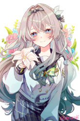 1girl 6amehurashi black_hairband black_ribbon black_sailor_collar blue_pupils blush bow bowtie closed_mouth firefly_(honkai:_star_rail) firefly_(spring_missive)_(honkai:_star_rail) floral_background flower gradient_hair green_bow green_bowtie grey_hair hair_between_eyes hair_intakes hair_ornament hair_ribbon hairband highres holding holding_flower honkai:_star_rail honkai_(series) long_hair long_sleeves multicolored_eyes multicolored_hair plaid_bow plaid_bowtie plaid_clothes plaid_skirt pleated_skirt ribbon sailor_collar simple_background skirt smile solo twitter_username white_background white_sleeves