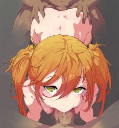 1girl 2boys :&gt;= all_fours anal ass black_thighhighs breasts dark-skinned_male dark_skin doggystyle double_penetration fellatio from_above grabbing_another&#039;s_ass green_eyes groping group_sex hands_on_ass has_bad_revision has_censored_revision heart heart-shaped_pupils hetero kakure_eria leilan_(p&amp;d) looking_at_viewer looking_up mmf_threesome multiple_boys multiple_penises nipples nude oral orange_hair penis pov puzzle_&amp;_dragons sex sex_from_behind small_breasts solo_focus spitroast symbol-shaped_pupils thighhighs threesome twintails uncensored vaginal