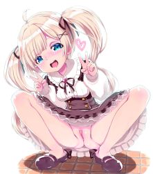 Rule 34 | 1girl, :d, absurdres, ahoge, anus, blonde hair, blush, breasts, character request, copyright request, double v, female focus, frilled skirt, frills, full body, green eyes, hair ornament, hair ribbon, hairclip, hands up, heart, highres, long hair, long sleeves, looking at viewer, no panties, open mouth, puffy long sleeves, puffy sleeves, pussy, ribbon, shirt, shoes, simple background, skirt, smile, solo, spread legs, squatting, tatata, twintails, uncensored, underbust, v, white background, x hair ornament