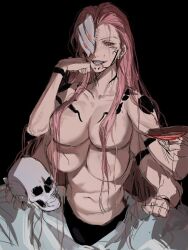 Rule 34 | 1girl, black background, cup, extra arms, extra breasts, extra eyes, fallsoki, genderswap, genderswap (mtf), hand on own face, holding, holding cup, holding skull, jujutsu kaisen, pants, pink hair, red eyes, ryoumen sukuna (jujutsu kaisen), ryoumen sukuna (true form) (jujutsu kaisen), sakazuki, sharp teeth, skull, tattoo, teeth, topless female, white pants