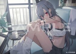 Rule 34 | 1girl, bare shoulders, black shorts, breasts, cellphone, coffee mug, cup, grey hair, grin, hair between eyes, hololive, hololive dev is, indoors, isaki riona, knees up, long hair, looking at viewer, mug, navel, official art, panda 0035, parted lips, phone, red eyes, sample watermark, shorts, sitting, smartphone, smile, socks, solo, stomach, very long hair, virtual youtuber, watermark, white socks