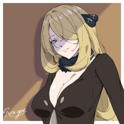 Rule 34 | 1girl, black shirt, blonde hair, border, breasts, cleavage, closed mouth, cynthia (pokemon), fur collar, grey eyes, hair ornament, hair over one eye, highres, large breasts, long hair, nintendo, pokemon, pokemon dppt, renyue (blade moon), shirt, signature, simple background, solo, upper body, very long hair, white border, yellow background