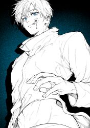 1boy absurdres blood blue_eyes commentary_request gojou_satoru greyscale_with_colored_background hair_between_eyes high_collar highres jujutsu_kaisen licking_blood long_sleeves male_focus midriff monochrome short_hair simple_background solo spot_color stomach uniform_vest upper_body white_hair yotsumi_shiro
