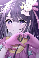 1girl absurdres brooch closed_mouth commentary_request dress gloves hair_ornament hair_ribbon heart heart_brooch heart_hands highres hoshino_ai idol idol_clothes jewelry light_blush long_hair looking_at_viewer oshi_no_ko pink_dress pink_gloves pink_ribbon purple_eyes purple_hair rabbit_hair_ornament ribbon shirotae_nun smile solo star-shaped_pupils star_(symbol) star_hair_ornament symbol-shaped_pupils upper_body