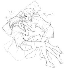 Rule 34 | 2girls, aoba moca, bamboo9545, bang dream!, barefoot, closed eyes, commentary request, greyscale, holding hands, hood, hoodie, looking at another, lying, mitake ran, monochrome, multiple girls, on side, pillow, short hair, short sleeves, shorts, sweat, under covers, yuri