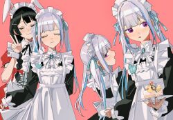 2girls animal_ears apron black_hair blue_hair blue_ribbon blunt_bangs blush bow brooch cup fake_animal_ears food hair_ornament hair_ribbon hairclip highres holding holding_cup holding_food jewelry lize_helesta long_hair long_sleeves maid maid_apron maid_headdress multicolored_hair multiple_girls name_tag nijisanji rabbit_ears red_background red_bow ribbon rippoutai_fuusen simple_background smile teacup tsukino_mito two-tone_hair v virtual_youtuber white_hair wrist_cuffs