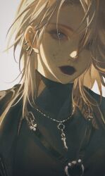 1girl absurdres belt belt_buckle black_belt black_jacket black_lips black_shirt blood blood_on_face blue_eyes buckle chest_belt chinese_commentary closed_mouth commentary_request cross cross_necklace ear_piercing earrings expressionless eyelashes grey_background hair_over_one_eye highres jacket jewelry jiaopiupiu lipstick long_hair makeup multiple_piercings necklace o-ring o-ring_belt open_clothes open_jacket open_mouth path_to_nowhere piercing shirt simple_background spike_piercing stud_earrings thick_eyebrows turtleneck turtleneck_shirt upper_body white_hair zoya_(path_to_nowhere)