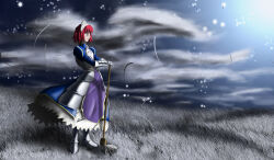 1girl absurdres armor armored_dress artoria_pendragon_(fate) blue_eyes cloud cloudy_sky cosplay dress fate/stay_night fate_(series) field gauntlets highres hisui_(tsukihime) holding holding_mop kuroi-kenshi long_sleeves maid mop red_hair saber_(fate) saber_(fate)_(cosplay) short_hair sky solo tsukihime type-moon wind