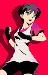 Rule 34 | 1girl, bike shorts, black hair, blue eyes, breasts, dragon ball, dragonball z, earrings, female focus, fingerless gloves, gloves, jewelry, open mouth, pink background, short hair, small breasts, solo, videl, werkbau
