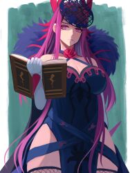 1girl blue_dress book breasts cleavage closed_mouth cowboy_shot dress elbow_gloves fascinator fire_emblem fire_emblem_engage fishnet_thighhighs fishnets frown gloves highres holding holding_book ivy_(fire_emblem) labebebe_lee large_breasts long_hair looking_at_viewer mole mole_under_mouth nintendo open_book pelvic_curtain purple_eyes purple_hair solo thighhighs very_long_hair white_gloves