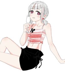 1girl abs bare_shoulders black_skirt breasts camisole champagne_flute collarbone commentary_request cup diagonal_bangs drinking_glass feet_out_of_frame grin highres holding holding_cup invisible_chair link!_like!_love_live! llkapital looking_at_viewer love_live! low_ponytail midriff miniskirt multicolored_hair pink_eyes ponytail red_camisole red_hair short_hair sidelocks simple_background sitting skirt small_breasts smile solo streaked_hair toned toned_female two-tone_hair virtual_youtuber white_background yugiri_tsuzuri