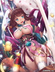 +_+ 1girl animal armpits arms_up backlighting bamboo bird blue_eyes blush breasts brown_hair bucket chick chinese_zodiac chloris_garden clothing_cutout covered_erect_nipples detached_sleeves double_bun female_focus floral_print folding_fan food geta gluteal_fold green_ribbon hair_bun hammer hand_fan holding japanese_clothes kimono large_breasts leg_up lens_flare light_particles long_hair long_sleeves looking_at_viewer looking_down low-tied_long_hair mana_(remana) mochi mochitsuki no_bra no_panties obi official_art original ribbon ribbon-trimmed_legwear ribbon_trim rooster_tail sandals sash see-through_clothes shiny_skin short_kimono sleeveless sleeveless_kimono solo sparkle standing standing_on_one_leg tareme tassel thigh_gap underboob underboob_cutout wagashi white_legwear wide_sleeves wooden_bucket year_of_the_rooster