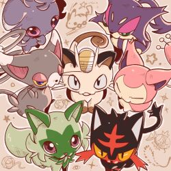 animal_focus bell black_eyes cat_day check_commentary closed_eyes colored_sclera commentary_request creatures_(company) espurr game_freak gen_1_pokemon gen_3_pokemon gen_4_pokemon gen_5_pokemon gen_6_pokemon gen_7_pokemon glameow green_eyes highres litten looking_at_viewer magikarp meowth nintendo no_humans pikachu pink_eyes pokemon pokemon_(creature) purrloin skitty sprigatito star_(symbol) uzuki_(uzuki_4m) yarn yarn_ball yellow_sclera