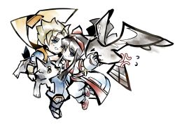 &gt;_&lt; 1boy 1girl ainu_clothes anger_vein black_hair blonde_hair blue_eyes breasts fingerless_gloves galford_d_weller gloves hair_ribbon half-closed_eyes hand_on_another&#039;s_chest highres japanese_clothes legs long_hair looking_at_viewer mamahaha medium_breasts nakoruru ninja open_mouth pants pointy_hair poppy ribbon samurai_spirits scarf short_hair snk thighs