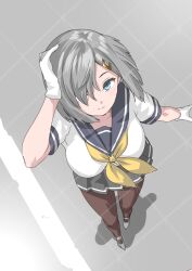 1girl 30-06 black_pantyhose blue_eyes breasts from_above gloves grey_hair grey_sailor_collar grey_skirt hair_ornament hair_over_one_eye hairclip hamakaze_(kancolle) highres kantai_collection large_breasts looking_at_viewer neckerchief pantyhose sailor_collar sailor_shirt school_uniform serafuku shirt short_hair skirt smile solo watermark watermark_grid white_gloves white_shirt yellow_neckerchief