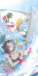 3girls ahoge alternate_costume ange_katrina animal_ears animal_hair_ornament arm_rest arm_up arms_up ball bare_arms bare_shoulders beachball bendy_straw bike_shorts bike_shorts_under_skirt bikini bikini_top_only bird black_bikini black_sandals black_shorts blue_bikini blue_eyes blue_hair blue_skirt blue_sky blurry blurry_background boat breasts brown_bikini brown_collar brown_hair cleavage closed_mouth collar colored_inner_hair commentary cup day dog_ears drink drinking drinking_straw drinking_straw_in_mouth dutch_angle elbow_rest eyelashes feet_up fingernails fisheye flower frilled_bikini_top frilled_wristband grin hair_ornament hand_on_headwear hand_up hat highres holding holding_ball holding_beachball inflatable_raft inui_toko jumping large_breasts lize_helesta long_fingernails long_hair lying mast merah_drow miniskirt monocle multicolored_hair multiple_girls nail_polish nijisanji on_boat on_stomach outdoors palm_tree purple_eyes red_flower red_hair red_nails sail sailboat sanbaka_(nijisanji) sandals sebastian_piyodore see-through_clothes see-through_shirt shirt short_hair short_sleeves shorts sitting skirt sky smile splashing straw_hat streaked_hair sun_hat swimsuit symbol-only_commentary t-shirt thigh_strap tied_shirt tree triangle_hair_ornament two-tone_hair very_long_hair virtual_youtuber water watercraft watermelon_beachball white_hair white_hat white_sandals white_shirt yellow_bird yellow_eyes