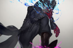 10s 1boy amamiya_ren black_hair boots club3 coat gloves gradient_background looking_at_viewer male_focus monochrome pants persona persona_5 red_gloves short_hair simple_background smile solo spot_color trench_coat