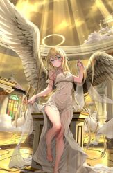 1girl angel armlet bare_shoulders blonde_hair blue_eyes blush breasts cloud covered_navel dress eshi_100_nin_ten feathered_wings halo highres jewelry kakao_rantan looking_at_viewer medium_breasts original outdoors see-through_clothes sky solo white_dress wings yellow_sky