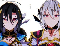1boy 1girl asymmetrical_bangs asymmetrical_clothes black_hair breasts cleavage cleavage_cutout clothing_cutout collared_shirt color_contrast dragonstone fire_emblem fire_emblem_engage fur_trim gloves hair_between_eyes jewelry large_breasts long_sleeves looking_at_viewer mugimugis necklace nel_(fire_emblem) nil_(fire_emblem) nintendo parted_bangs red_eyes shirt short_hair sidelocks simple_background smile white_hair