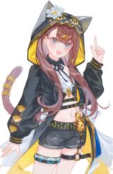 1girl :d absurdres animal_ear_hood animal_hood ankh arknights belt black_collar black_jacket black_ribbon black_shorts blue_eyes brown_hair cat_girl cat_hood cat_tail collar commentary_request cowboy_shot fake_animal_ears fang flower hand_up highres hood hood_up hooded_jacket jacket jewelry long_hair long_sleeves looking_at_viewer navel open_mouth pepe_(arknights) pointing pointing_up ribbon shirt shorts skin_fang smile solo tail tail_ornament tail_ring thighlet two-sided_fabric two-sided_jacket white_flower white_shirt yellow_jacket yutsuki_(pixiv4894196)