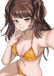 arm_out_of_frame bikini blush breasts brown_hair highres kujikawa_rise large_breasts orange_bikini persona persona_4 persona_4_the_golden s-m-53413 sitting smile swimsuit twintails v white_background yellow_eyes